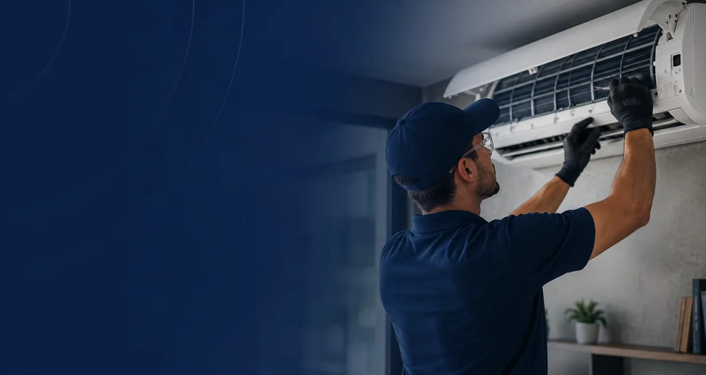 Técnico realizando manutenção em ar-condicionado split